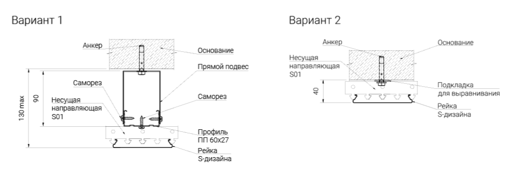 Узел крепления прямого подвеса реечного потолка французского S-дизайна